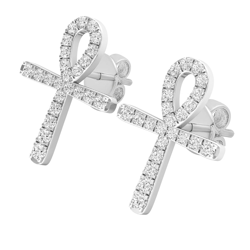 White Diamond Ladies Cross Stud Earrings in Sterling Silver, 1/4 CT