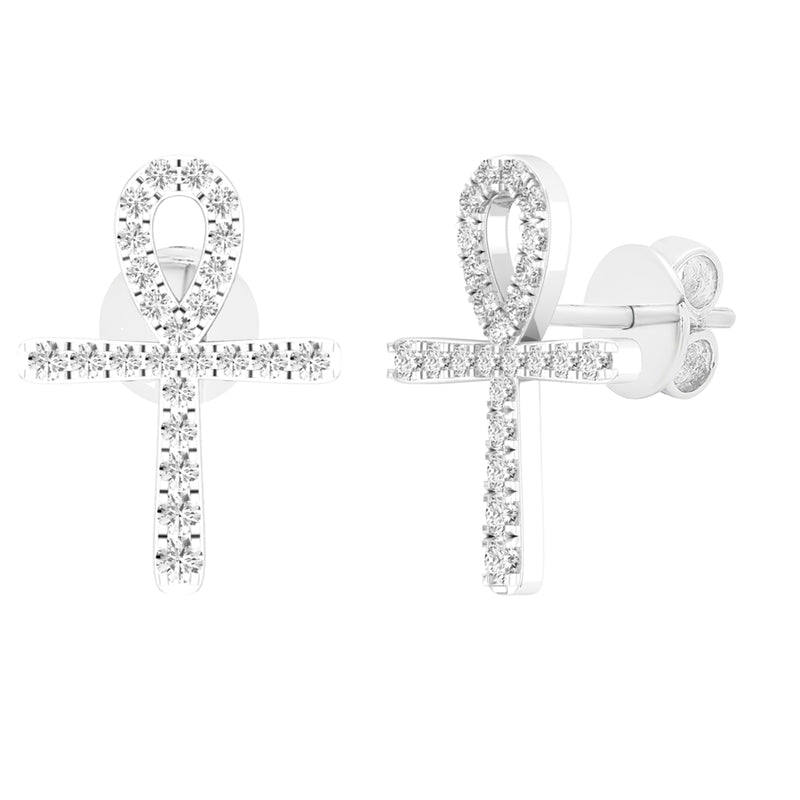 White Diamond Ladies Cross Stud Earrings in Sterling Silver, 1/4 CT