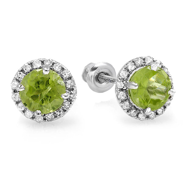 Round Diamond Green Peridot Stud Earrings in 10k White Gold, 2 CT